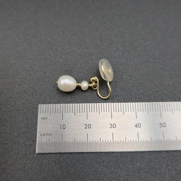 Gold Plated Genuine White Pearl Press On Dangle Earrings A6667 - Picture 5 of 6